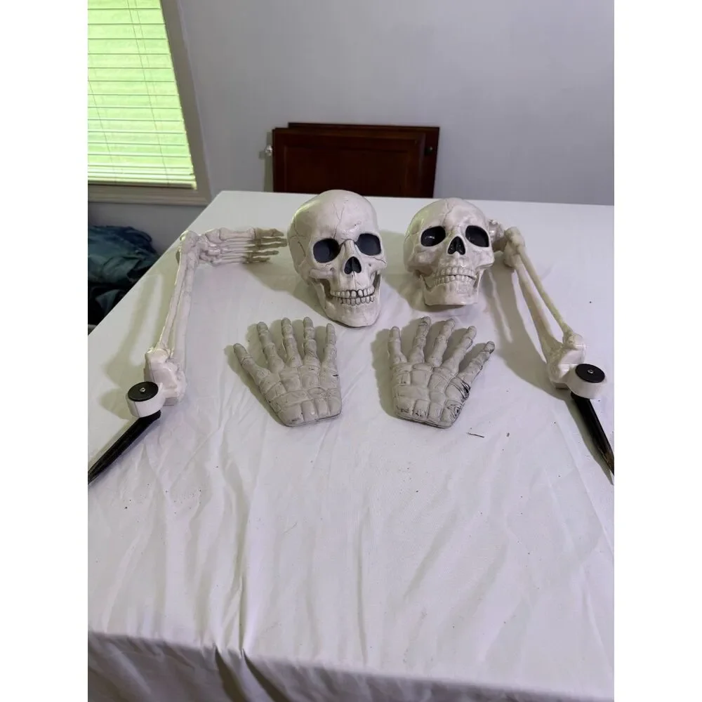 Vintage Halloween Skeleton Yard Decor Lot Dog, 2 Skulls, Spooky Prop Set